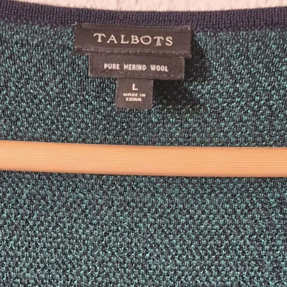 Talbots Merino Wool Plaid Cardigan Sweater Open Front Green Blue Women's Large L - Picture 5 of 6